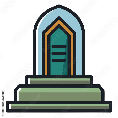 A cartoon tombstone with a green and orange design