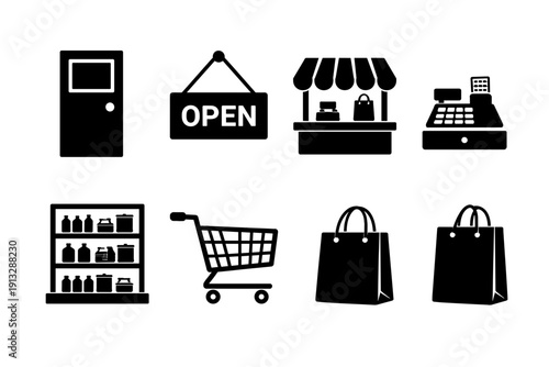 Set Of Black Shopping Icons Including Door Open Sign Store Stall Cash Register Shelves Cart Shopping Bags