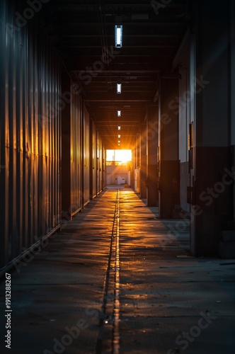 Sunset Shining Through a Long Building Corridor at the End of Day