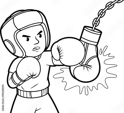 Boxing training, young athlete punching bag, sports gear, strength exercise, fitness motivation, combat sport, determination, youth boxing, protective helmet, punching technique