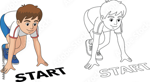 Boy in starting position, race preparation, cartoon sports illustration, running start pose, vector art for athletics, training, competition, physical education design