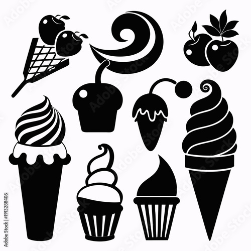 Black and white icons of various ice cream flavors and desserts