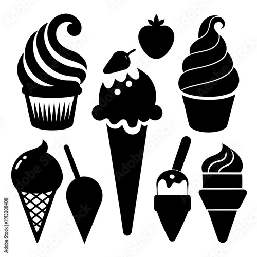 A collection of black silhouettes of various ice cream treats