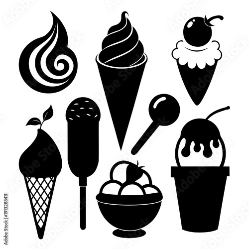 A collection of black and white icons of ice cream and frozen treats