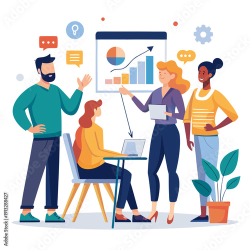 A diverse group of coworkers discussing a graph on a screen