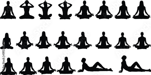Yoga meditation silhouette set with men and women in lotus pose relaxation mindfulness fitness exercise isolated on white background