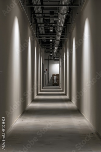 Long Hallway With Lights Illuminating Walls and Boxes at the End During Eveni...
