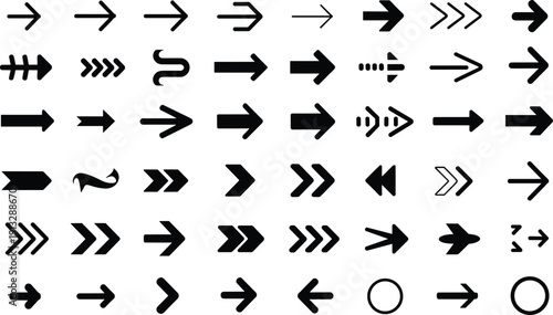 Arrow icons vector illustration set featuring directional navigation symbols pointers next forward backward signs for interface web app design isolated on white background