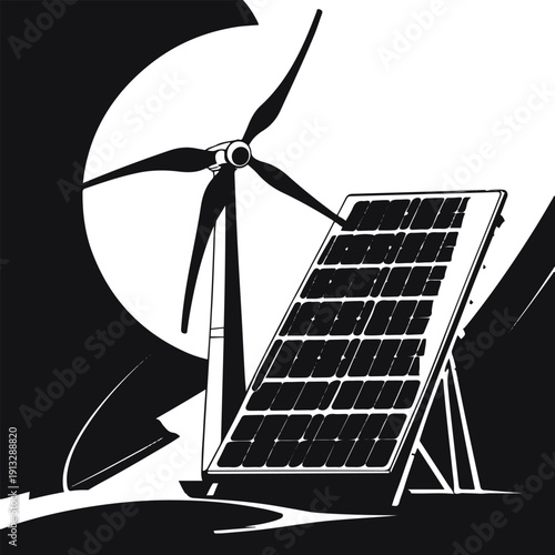 Black and white vector of wind turbine + solar panel 2