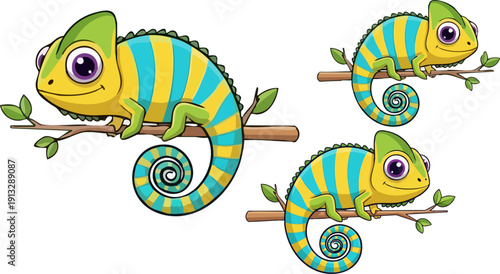 Cute vector cartoon chameleons with yellow and aqua stripes, purple eyes, and green heads, perched on brown branches with green leaves, isolated on a transparent background.