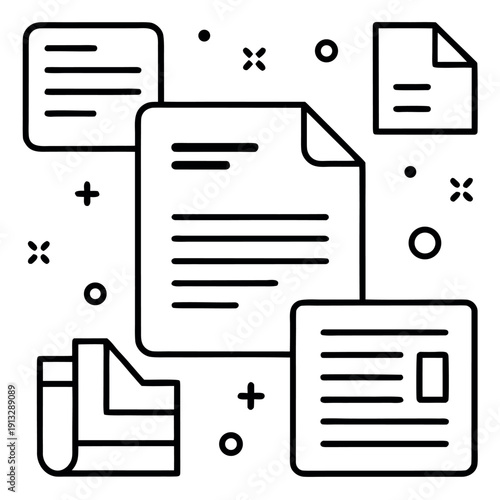 office document icons, colorful paper sheets, notebook, printer, and file stack, minimal design, bold black outlines, soft pastel colors,