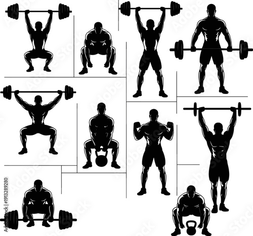Black and white vector silhouettes of diverse weightlifting exercises featuring men lifting barbells and kettlebells for fitness gym training isolated on white background.