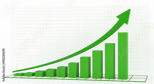 Green bar graph with upward trend line and arrow on grid background isolated on a transparent background