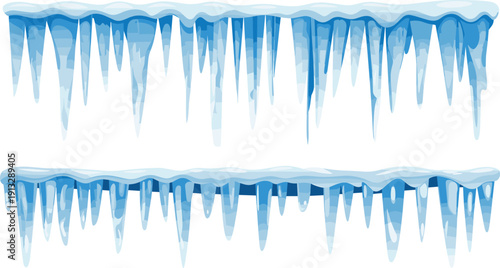 Blue winter icicles hanging with white snow cap borders isolated vector illustration for seasonal cold weather Christmas and frozen holiday design elements