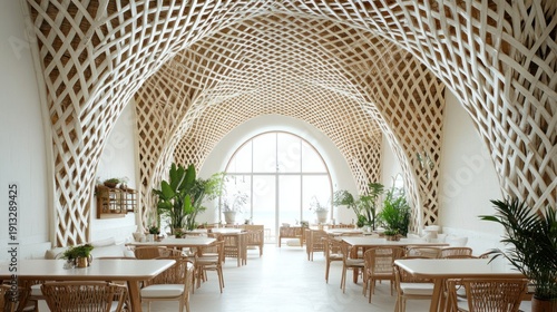 Modern cafe interior with arched lattice ceiling