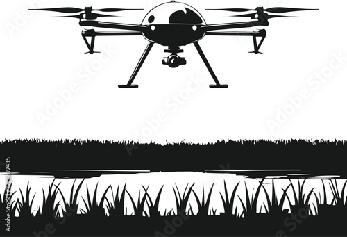 Black and white vector illustration of agricultural drone spraying crops, minimal flat design 3