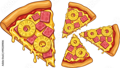 Vector illustration of a delicious Hawaiian pizza with golden pineapple rings and pink ham slices, isolated on a transparent background.