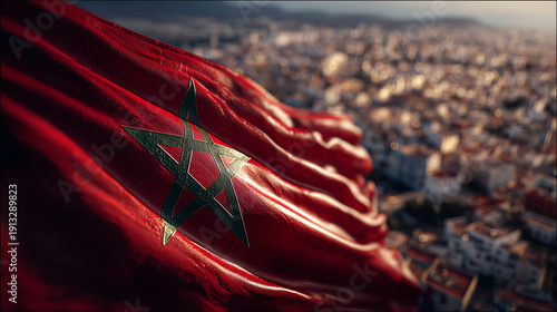 moroccan flag waving in the wind. flag of morocco with view on city