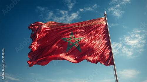 moroccan flag waving in blue sky. flag of morocco