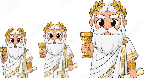 Vector illustration of a cartoon ancient Greek god or emperor wearing a golden laurel wreath, holding a scroll and a golden goblet, isolated on a transparent background.