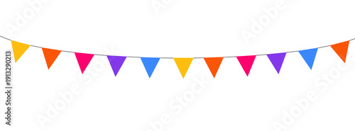 Billede på lærred Colorful triangular party flags strung together on a black string, creating a festive banner against a white background