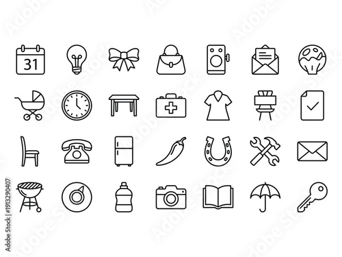 Diverse Outline Icons for Daily Life, Business, and Leisure Activities on White Background