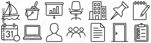 Business and office icons: sailboat, presentation board, office chair, buildings, pushpin, notepad, laptop, people group, and open door. Clean line art for corporate concepts.
