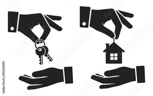 hand give and take key and house icon, real estate transaction concept with human hands exchanging home key symbol, property ownership transfer illustration isolated on white background for mortgage, 