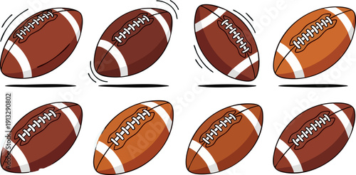 Vector illustration set of eight brown American footballs with white laces and stripes, some with motion lines, isolated on a transparent background.