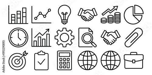 Business and finance icon set in a clean, minimalist line art style, including charts, graphs, and handshake symbols.