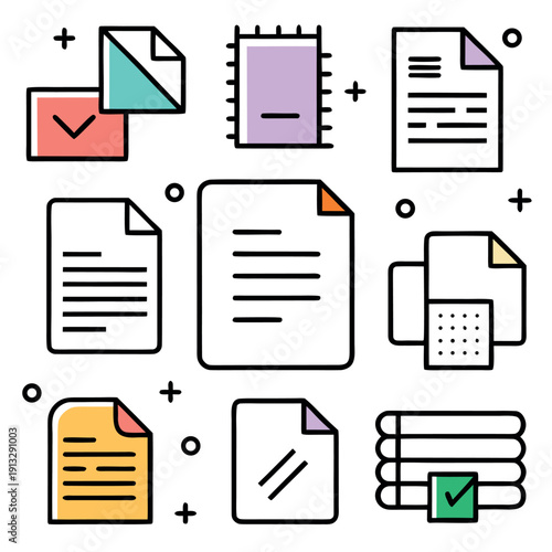 office document icons, colorful paper sheets, notebook, printer, and file stack, minimal design, bold black outlines, soft pastel colors,