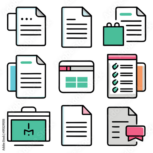 office document icons, colorful paper sheets, notebook, printer, and file stack, minimal design, bold black outlines, soft pastel colors,