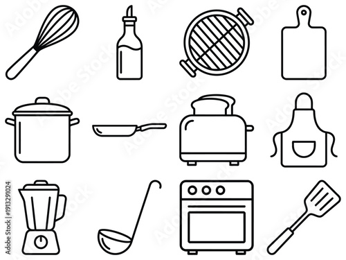 Vector illustration of kitchenware icons in a clean line art style, including pots, pans, blenders, and toasters.