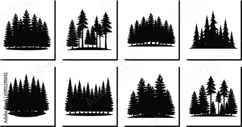 Collection of pine tree forest silhouettes isolated on white background, evergreen woodland landscape vector set for nature design, logo creation, and outdoor branding
