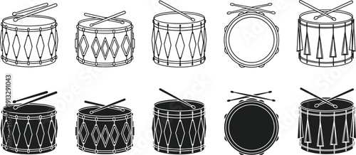 Stylized drum vector illustration set, black and white percussion icons, musical instrument collection, decorative tribal drum patterns, abstract rhythm art design