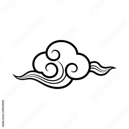 Traditional Asian Auspicious Cloud (Qingyun or Kumogata) Vector Illustration in Black Line Art, Symbolizing Good Fortune and Longevity.
