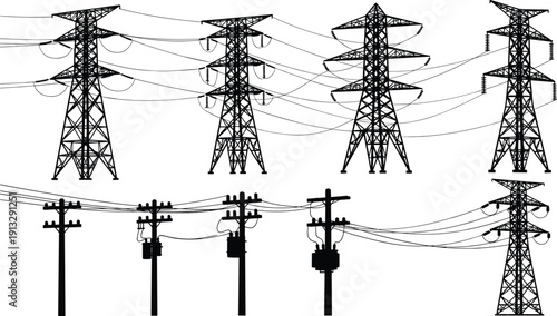 High Voltage Electric Power Transmission Tower Silhouette Set, Electrical Utility Pole and Wire Infrastructure Collection, Industrial Energy Grid Vector Illustration