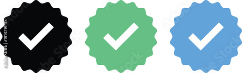 Set of account verification icons with check marks in circle and badge shapes for social media profile security. Blue, black and green tick authenticity symbol isolated on transparent background.