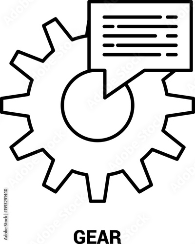 Gear icon with speech bubble representing mechanical engineering communication or technical support simple line art vector illustration