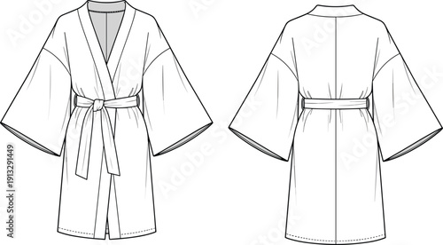 Fashion technical flat sketch of a belted kimono robe with wide sleeves and waist tie for apparel design templates
