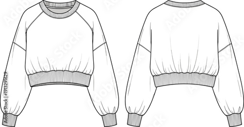 Fashion technical flat sketch of a cropped raglan sleeve sweatshirt with ribbed crew neck and cuffs for apparel design templates