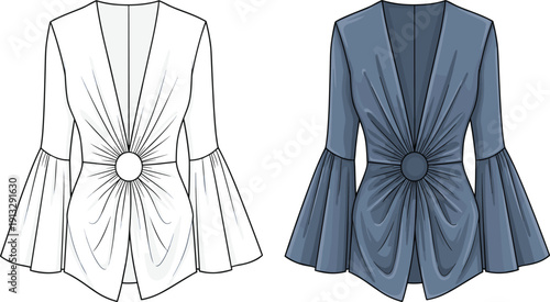 Fashion technical flat sketch of a draped deep v-neck blouse featuring central ring detail and dramatic bell sleeves for templates