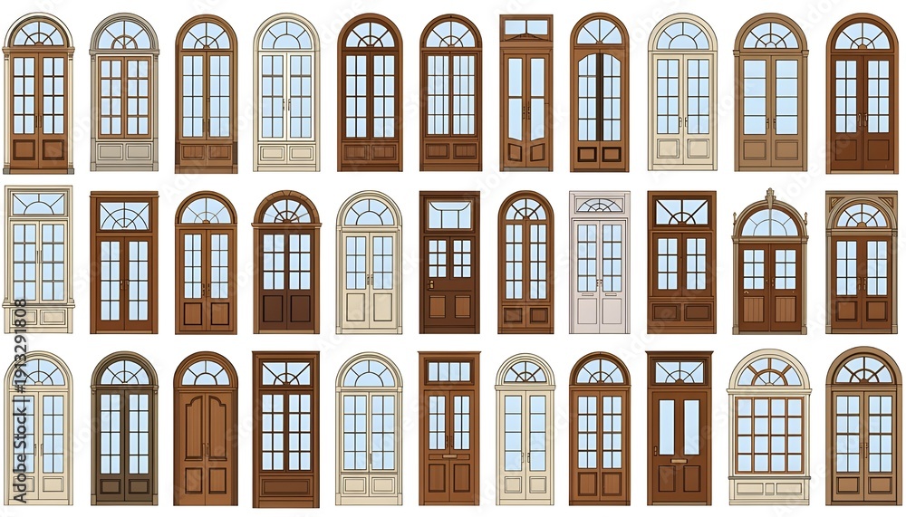Obraz premium Large collection of window and door styles, featuring arched and rectangular designs, tailored for architectural planning and design.