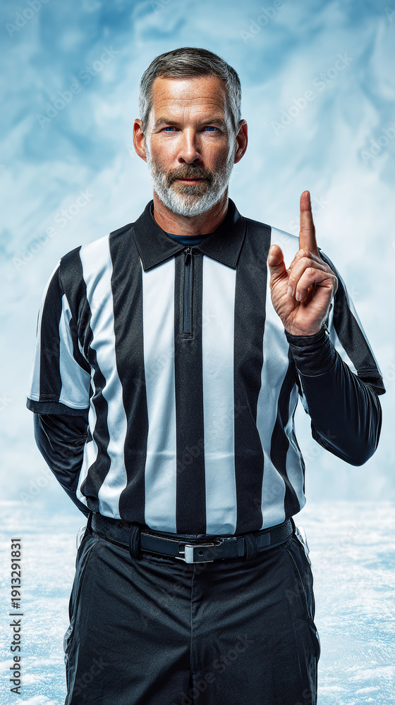 Naklejka premium Hockey referee in striped uniform showing warning gesture. Sports rules, authority, decision making, control concept and competition environment.