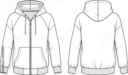 Fashion technical flat sketch of a long sleeve full zip hoodie with kangaroo pockets and ribbed cuffs for design templates