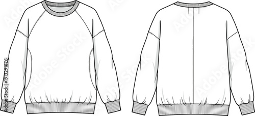 Fashion technical flat sketch of a raglan sleeve sweatshirt with ribbed crew neck and wide waistband for apparel design templates