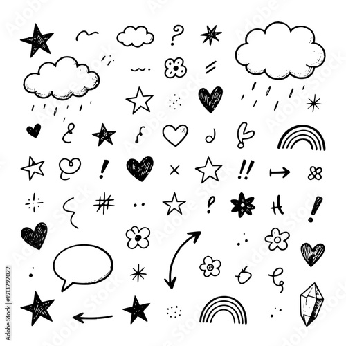 Сollection of various black doodle elements, manga-style illustration pictogram icon set. Transparent background SVG version.