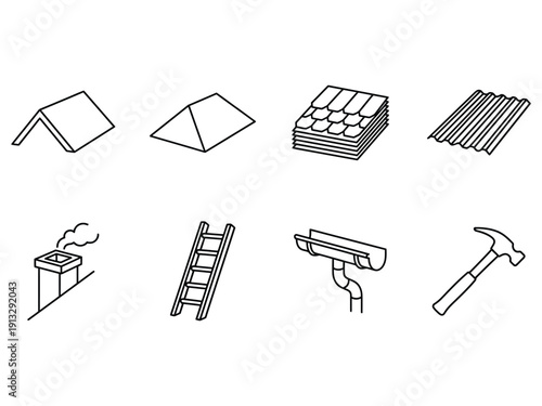 Collection of construction and roofing icons including roof tiles, chimney, ladder, gutter, hammer, and building materials.