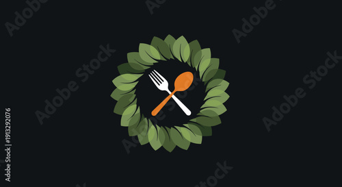 Elegant organic restaurant logo design featuring leafy wreath and cutlery elements.