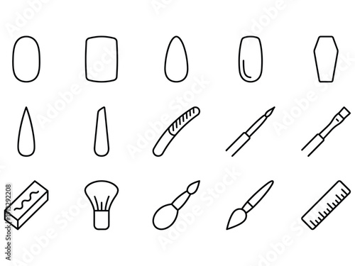 Set of simple line art icons for makeup and cosmetic tools, including makeup brushes, nail file, lipstick, and soap.